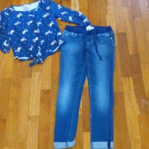 girl 10 justice jeans cuff hem, with unicorn top